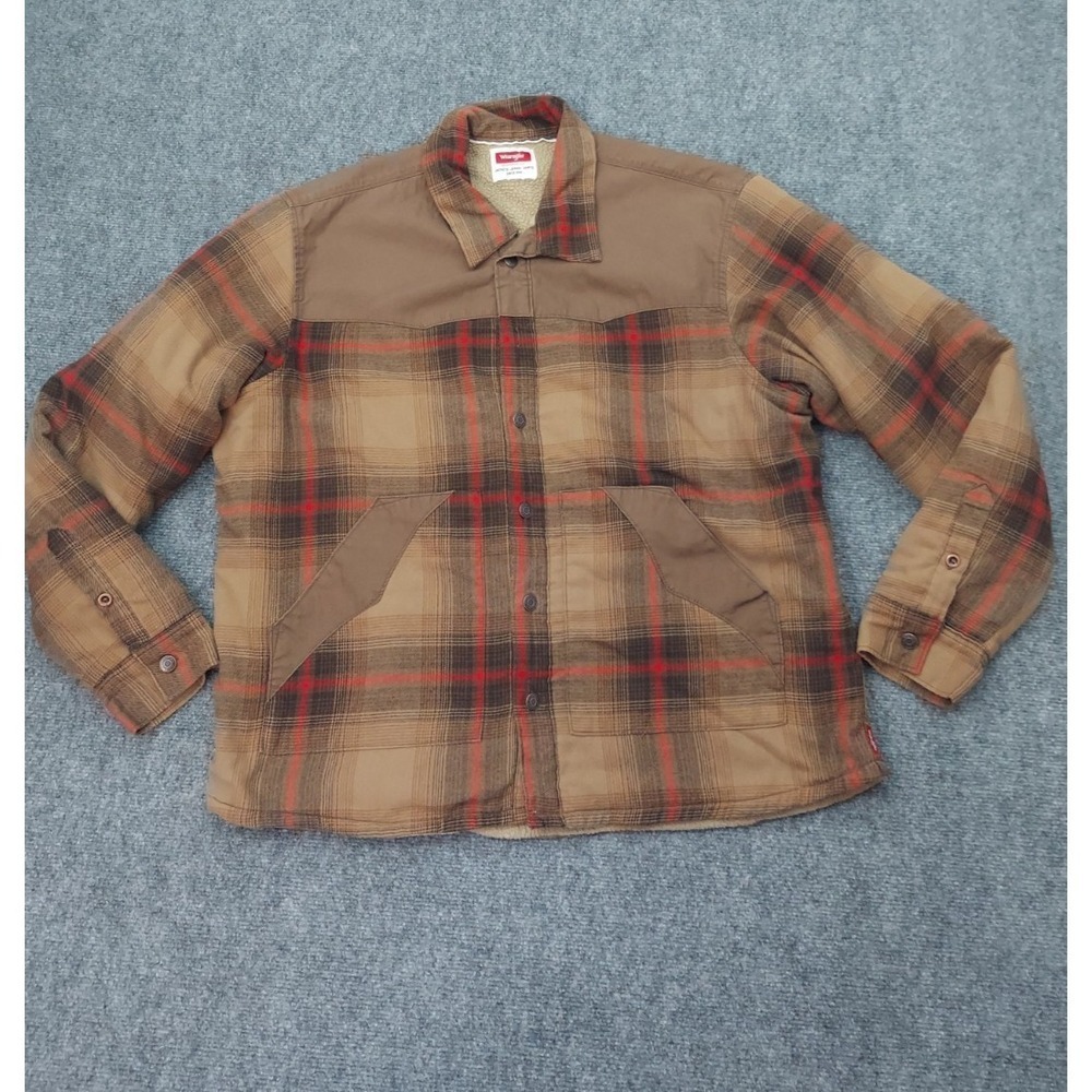Wrangler Sherpa Flannel Shirt Shacket Mens XL Brown Plaid Pockets Western Button